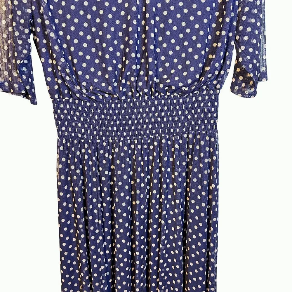 Kate & Lily Blue White Polka Dot V-Neck‎ Midi Dress Elbow-Length Sleeves Size 16
